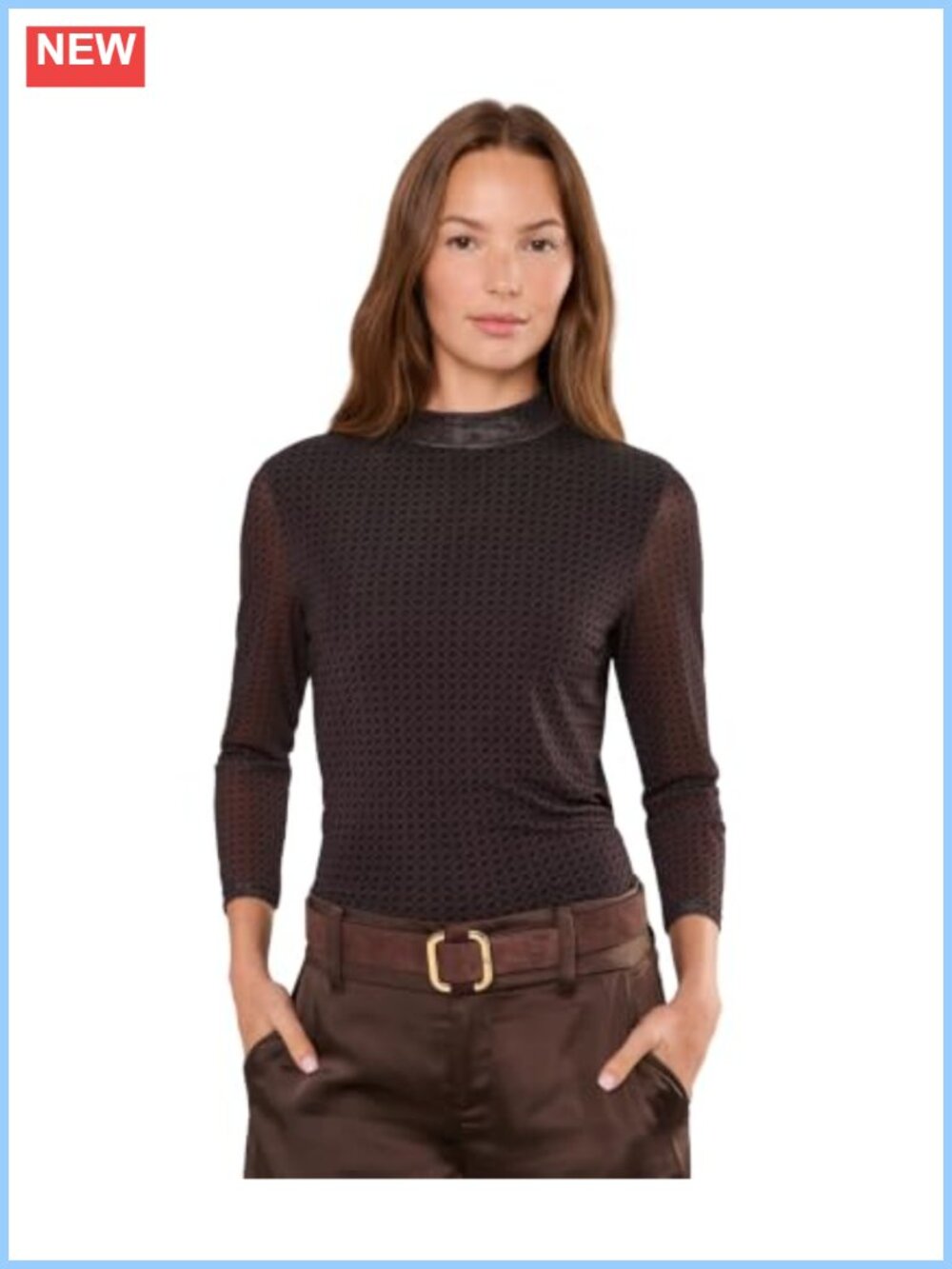 3/4 Sleeve Mesh Mock Neck Top Recycled Polyester Spandex